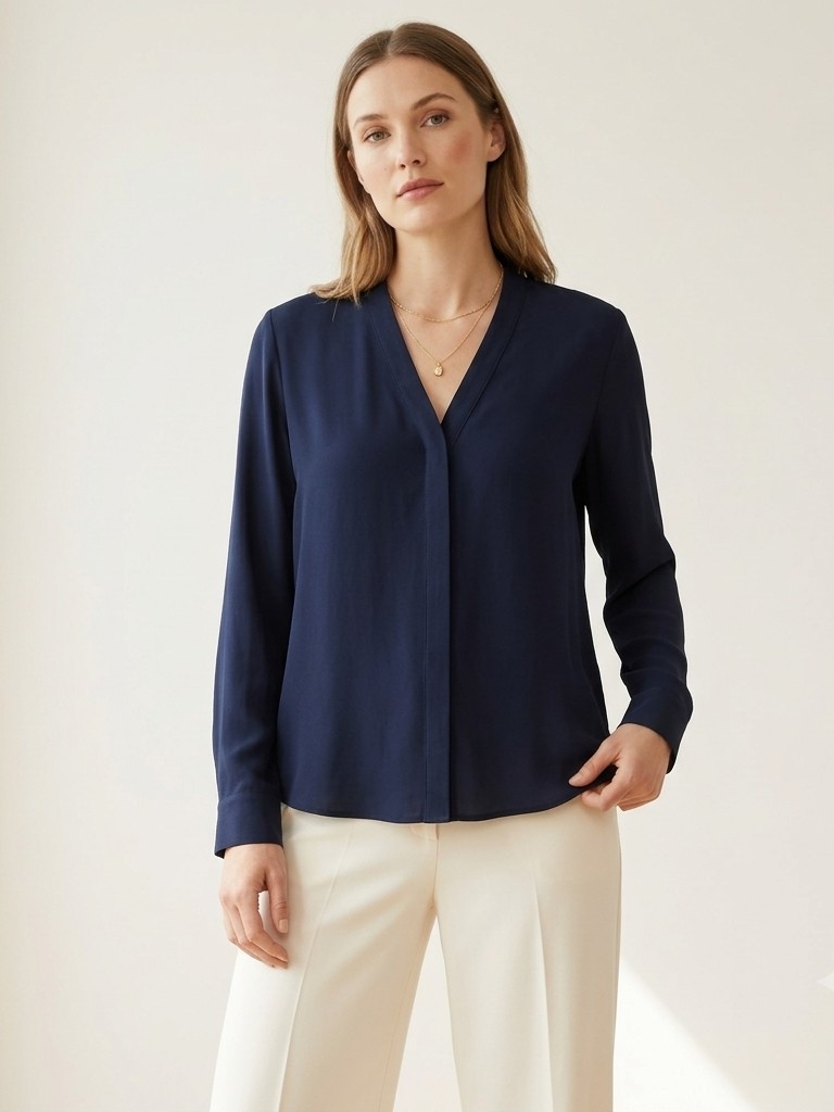 Eileen Fisher Silk Navy Ink Blue V-Neck Button Blouse Size Petite Medium Nwt